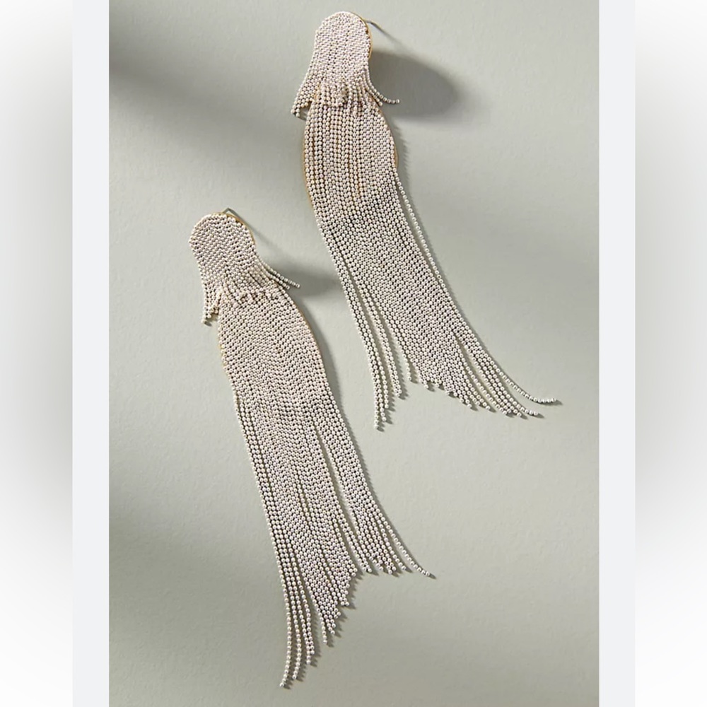 Anthropologie White & Gold Fringe Chain Earrings Gem